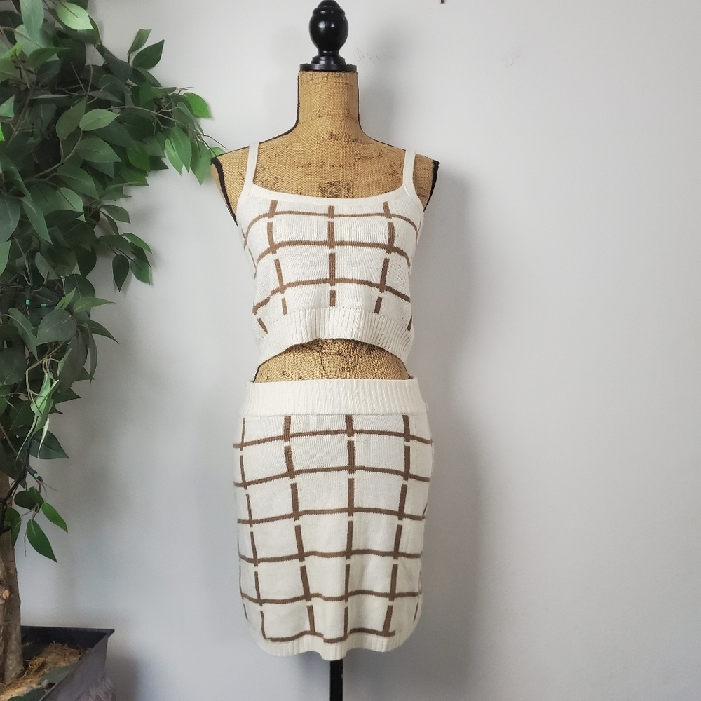 Mimi Chica Knit Skirt Set Large Two Piece Cream Brown